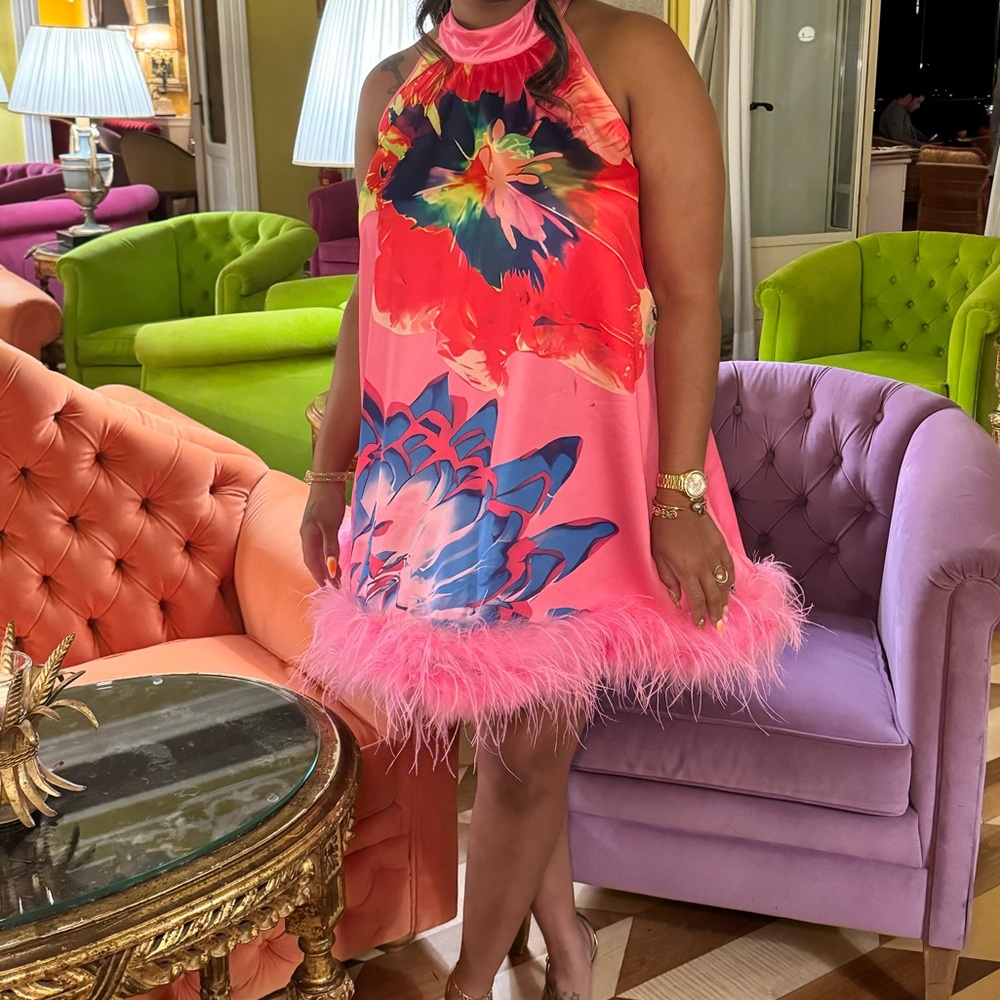 Nasty gal pink floral sleeveless swing dress with feather trim - Picture 2 of 5